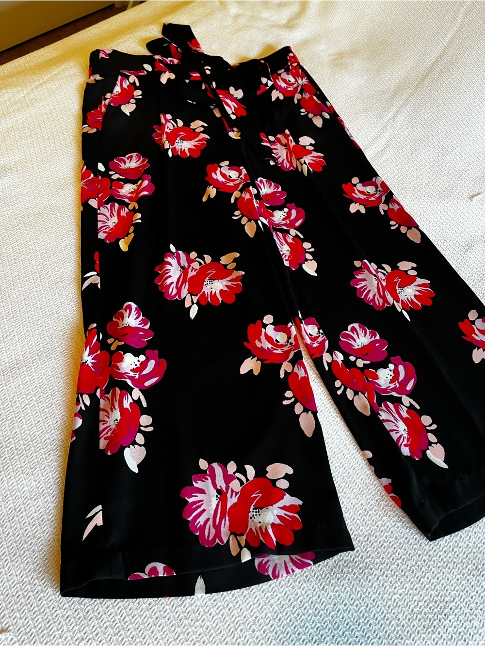 Wide-Leg Floral Pants in Black with Red & Pink Blooms